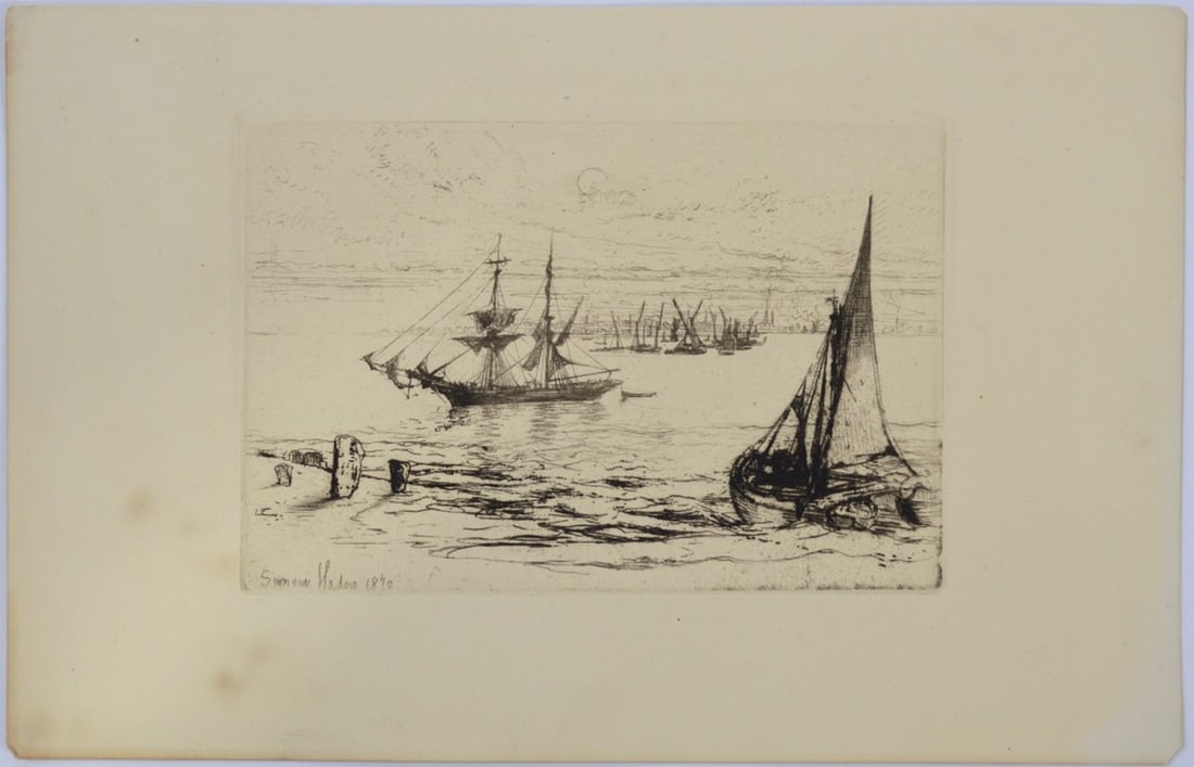 SIR FRANCIS SEYMOUR HADEN ETCHING AT PURFLEET: Sir Francis Seymour Haden (Britain 1818-1910). An etching and drypoint on laid paper (1870). Signed and dated in the plate. Provenance: From a distinguished private collection of a Westchester