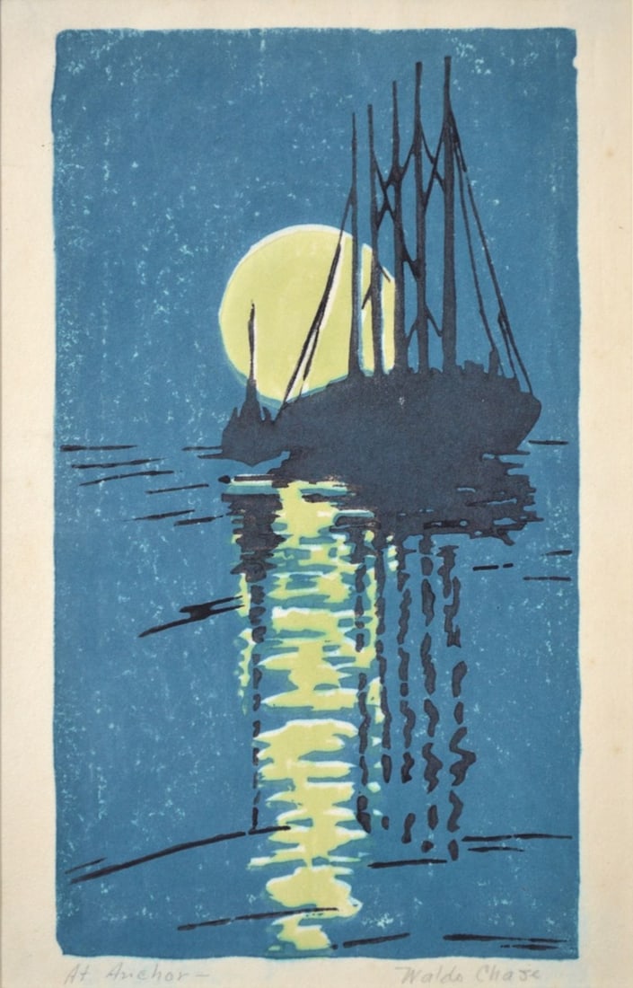 WALDO CHASE COLOR WOODBLOCK AT ANCHOR SIGNED: Waldo Chase (American 1895-1988). A very good color woodblock print titled, "At Anchor". Signed, in pencil. C. 1930's. Provenance: From a distinguished private collection of a Westchester