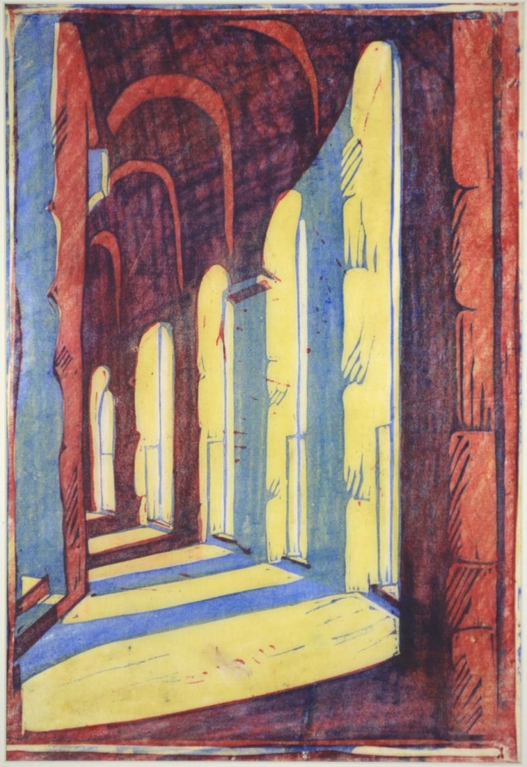 URSULA FOOKES LINOCUT THE CLOISTER: Ursula Fookes (1906-1991). "The Cloister" linocut printed in colors, a very good impression, circa 1930, on tissue thin japan paper, with good, apparently full, margins. Provenance: From a