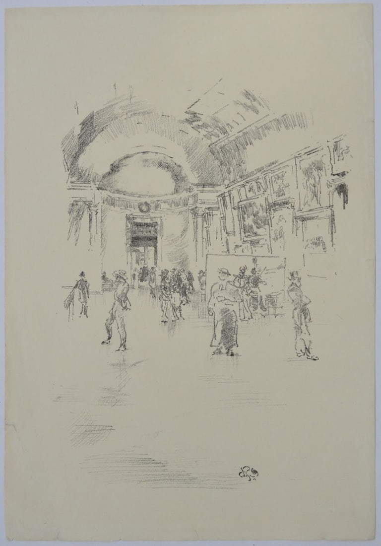 WHISTLER ETCHING THE LONG GALLERY LOUVRE 1894: James Abbott McNeill Whistler American (1834-1903) The Long Gallery, Louvre (1894) etching. Artist's butterfly monogram lower right Provenance: From a distinguished private collection of a 