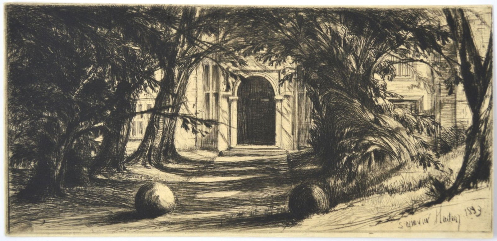 FRANCIS SYMOUR HADEN ETCHING MYTTON HALL: Francis Seymour, Haden (Britain 1818-1910). "Mytton Hall", 1859, drypoint etching on heavy laid paper, with partial watermark (UL verso), Signed and dated in the plate. See: Schneiderman 19 