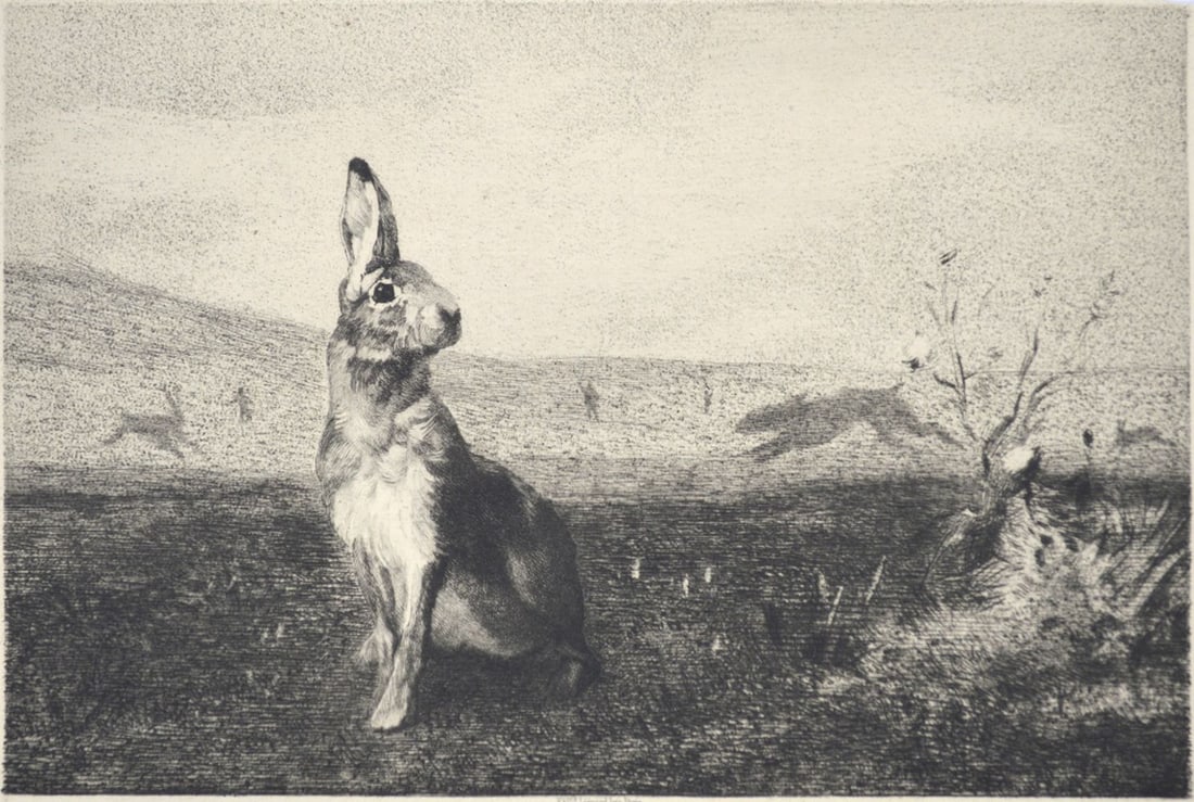 FELIX BRACQUEMOND ETCHING LE LIEVRE: Felix Bracquemond (French 1833-1914) ''Le Lievre'' (Beraldi 277). Etching, after Albert De Balleroy Provenance: From a distinguished private collection of a Westchester county collector/dealer.