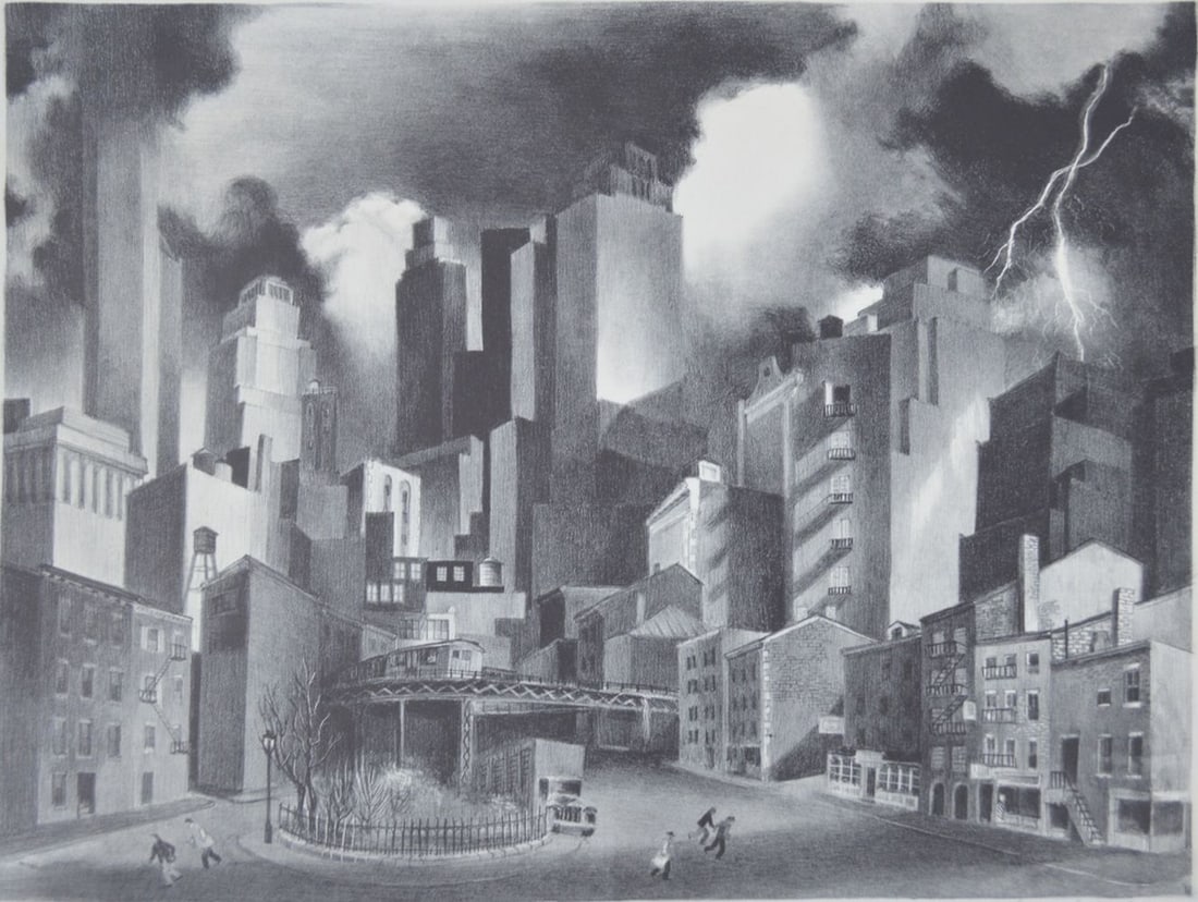 NYC CITYSCAPE ETCHING SIGNED LAFFERTY: Louise Lafferty (US 20th C.). A good American regionalist type print work of a New York City downtown location. Signed, titled ("Thunderstorm Downtown") and inscribed, in pencil. Provenance: