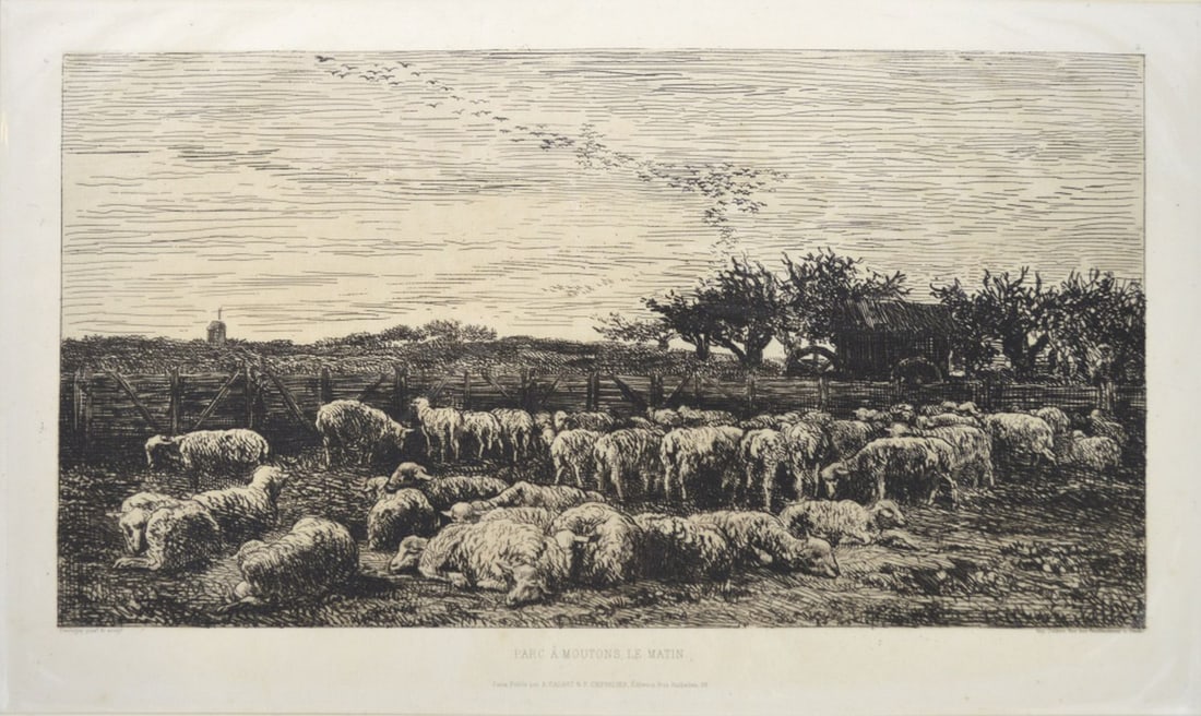 CHARLES-FRANCOIS DAUBIGNY ETCHING PARC A MOUTON: Charles-Francois D'Aubigny (France 1817-1878). An etching titled, "Parc a Mouton Le Matin (1860- published 1862-63). Inscribed Daubigny Pnx & sculp. After a painting exhibited in 1861. A good