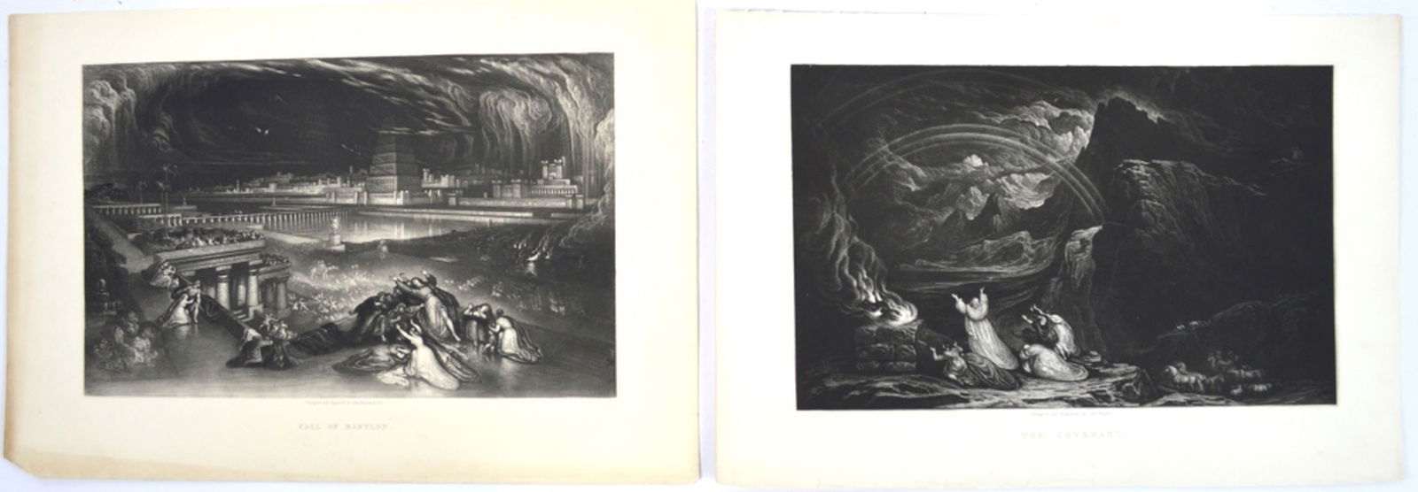 2 JOHN MARTIN 1789-1854 ILLUSTRATIONS FROM BIBLE: John Martin (Britain 1789-1854). 2 Etchings / mezzotints from the "Illustrations from the Bible", 1832. The Covenant and The Fall of Babylon. See Campbell, Michael C. W. 98 for The Covenant. 