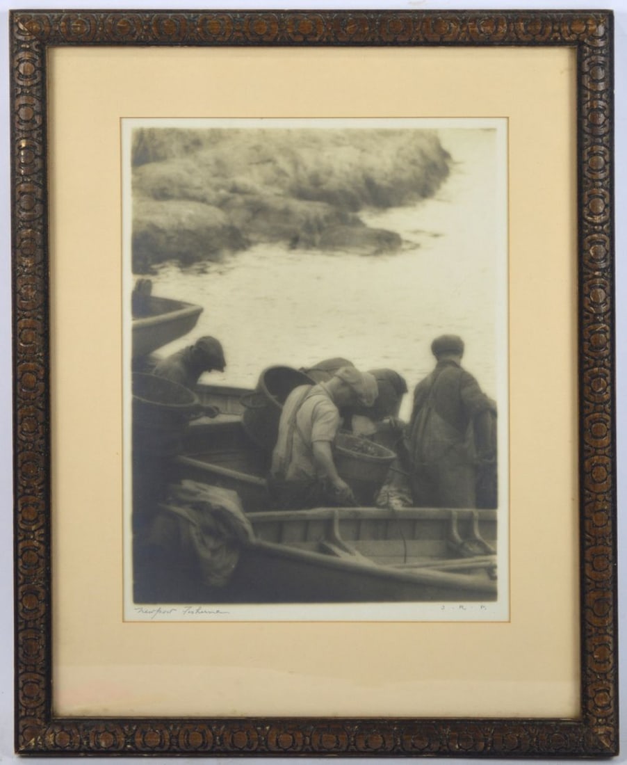 JOHN RUSSELL POPE BROMIDE PHOTOGRAPH NEWPORT: John Russell Pope (US 1874-1937). A bromide photograph titled, "Newport Fisherman" and signed (initialed LR). NY Camera Club exhibition (1932) label, verso with signature. In a period carved