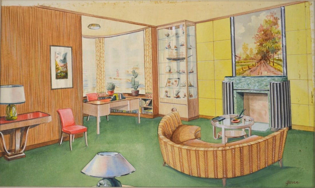MID CENTURY INTERIOR DESIGN PAINTING SIGNED A HULA: A very good interior design painting (w/c / gouache/paper board). The work appears to detail a design transition from art deco to mid century modern. The work is signed. Provenance: From a