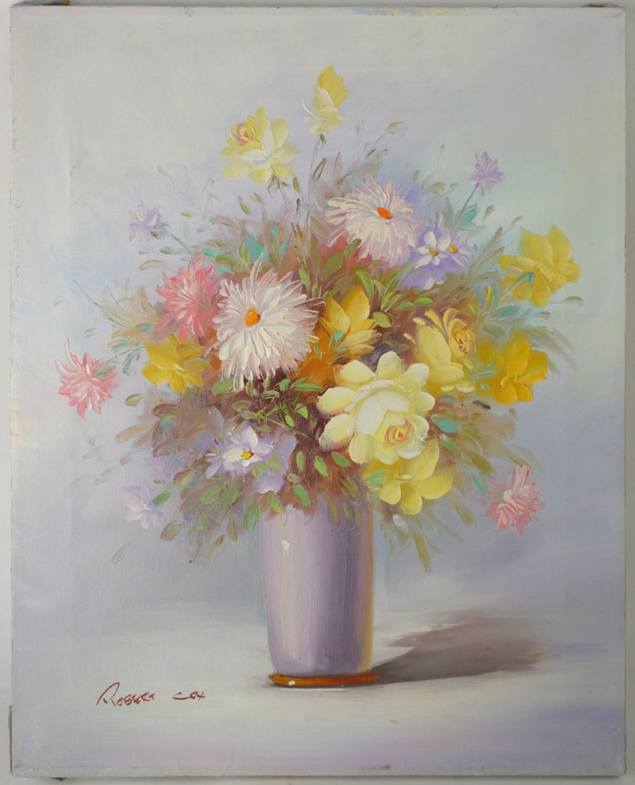 STILL LIFE PAINTING SIGNED: Robert Cox (US 1934-2001). A modernist floral still life painting. The painting is oil/canvas and is signed, Measures: 20" x 16"
