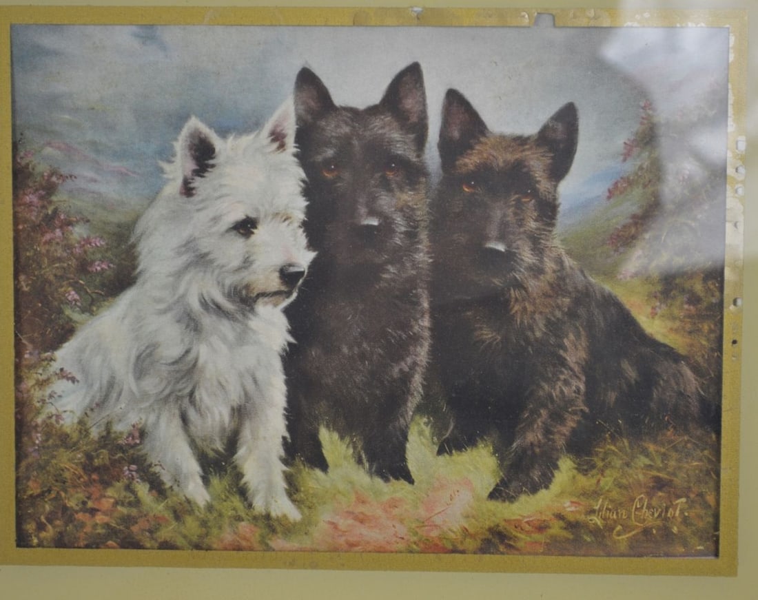 4 CAT & DOG ARTWORKS: A group of 4 dog and cat related artworks. An original pug painting, a Frank Hnat print, a Lilian Cheviot framed print, and a framed cat giclee. Measures: Largest 11" x 13" Sight: 7 1/2" x 9 1/2"