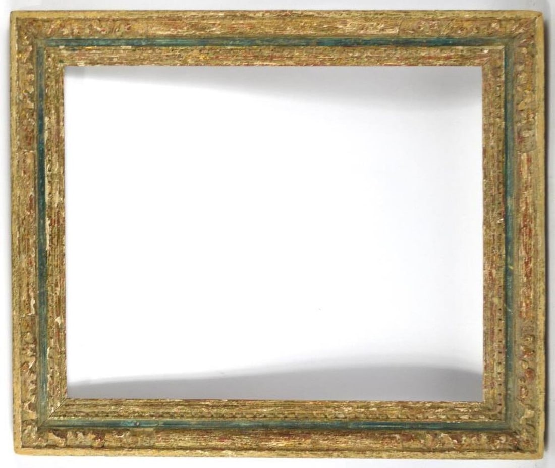 FINE HEYDENRYK AMERICAN MODERNIST FRAME: A very finely made Heydenryk frame with a narrow emerald green cassetta strip and parcel gilt finish. Classic Italian meets mid 20th C. American. Measures: 27 1/4" x 23 1/4" Rabbet: 22 3/8" x 18 1/4"