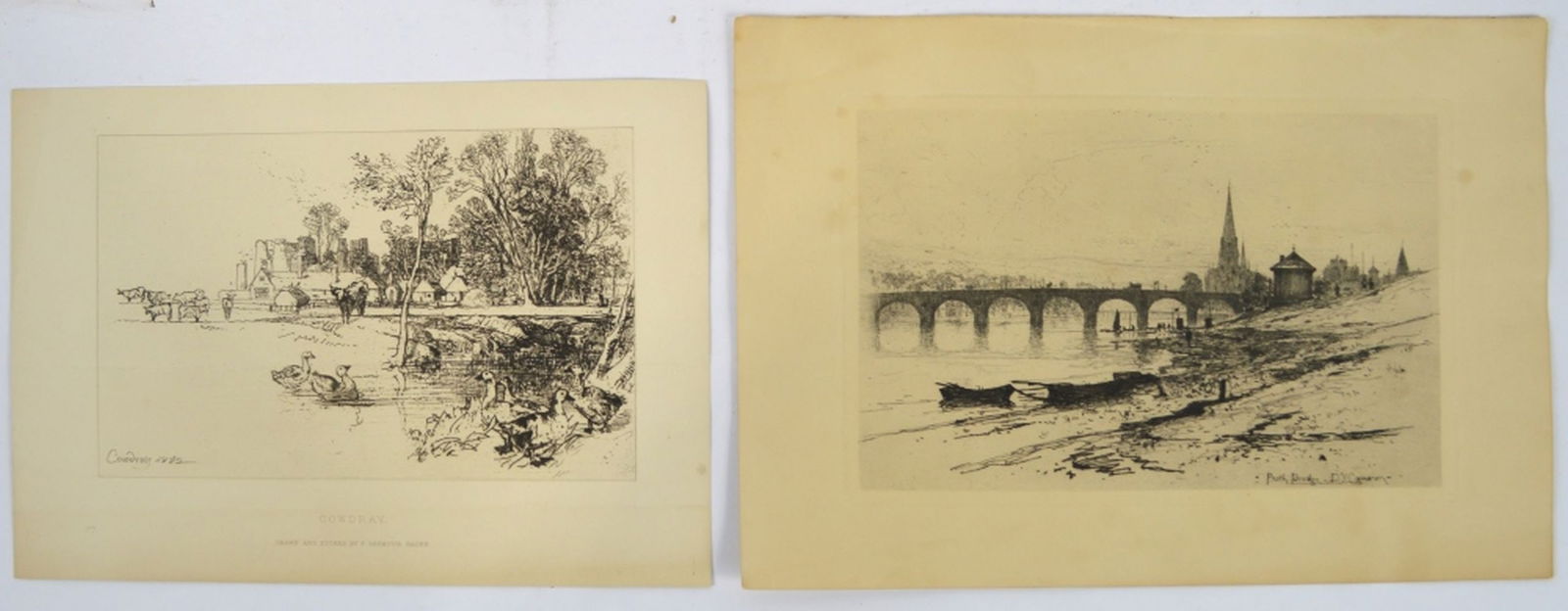 2 ETCHINGS F SEYMOUR HADEN & DAVID YOUNG CAMERON: 2 etchings. The first by F Seymour Haden (English 1818-1910) of Cowdray castle. Signed and dated (1882) in the plate. The second a work by David Young Cameron (1865-1945) of Perth Bridge. 