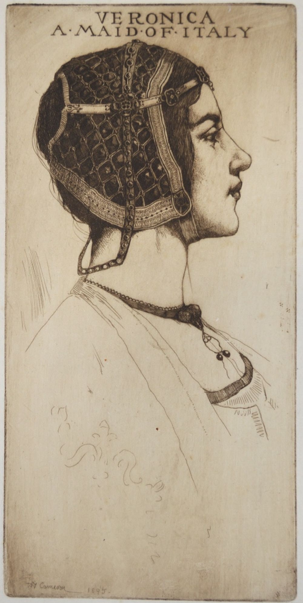 DAVID YOUNG CAMERON MAID OF ITALY ETCHING SIGNED: David Young Cameron RA (1865-1945). An etching titled, "Veronica A Maid of Italy". Signed and dated (1895) in plate and signed, in pencil. On laid paper affixed to a thin Japan type paper. 