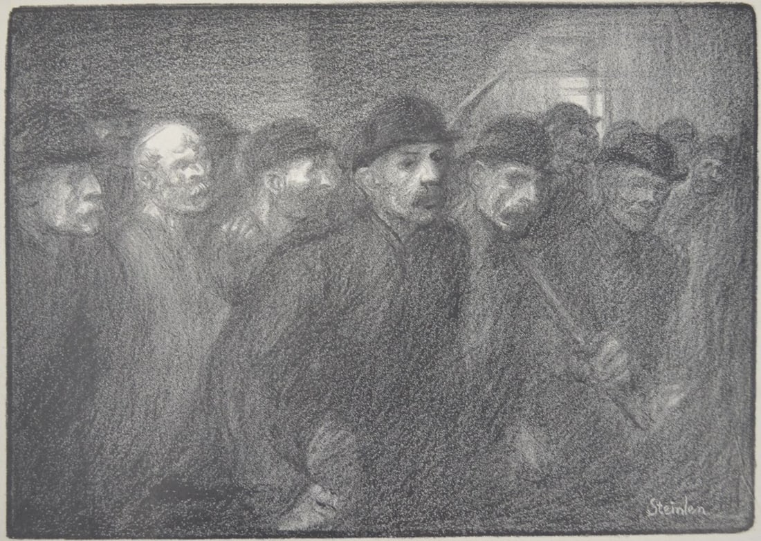 THEOPHILE ALEXANDRE STEINLEN WORKERS LITHOGRAPH: Theophile Alexandre Steinlen (Swiss/French 1859-1923). A lithograph titled,"Ouvriers Sortent de l'Usine" - "Workers Leaving the Factory", 1903. Signed in the plate. Published by Art of Our