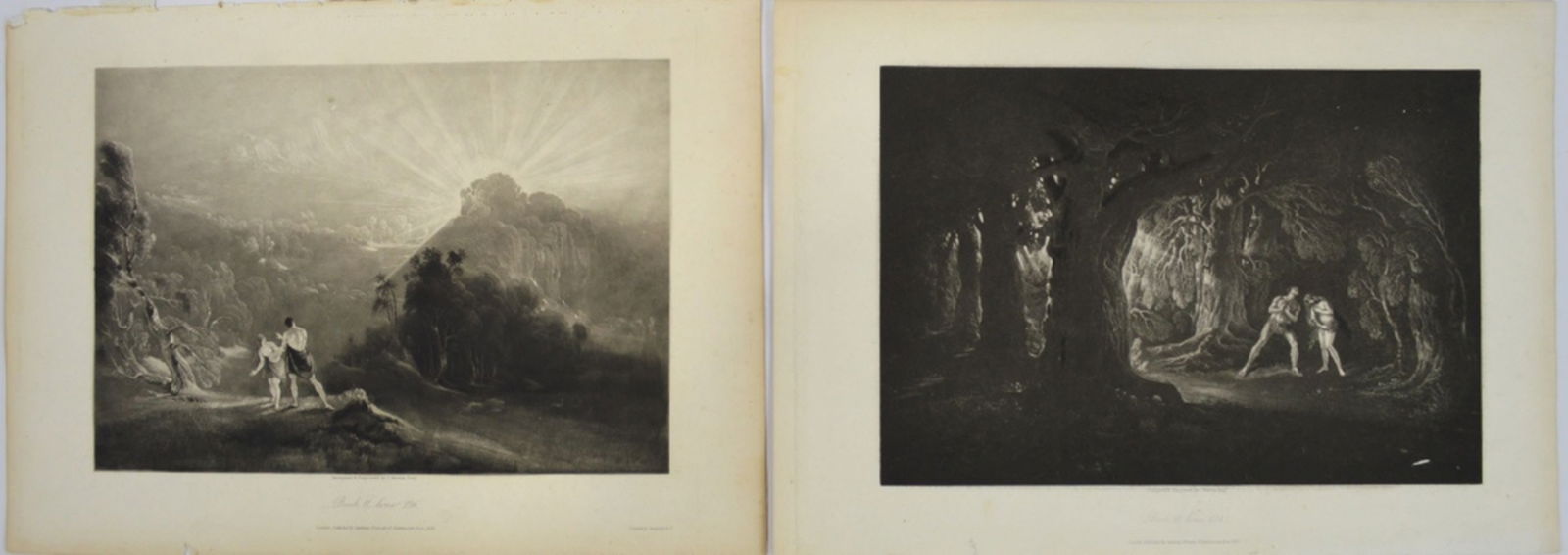 2 JOHN MARTIN 1789-1854 PARADISE LOST PLATES: John Martin (Britain 1789-1854). 2 mezzotint plates from "The Paradise Lost of Milton" (1827). Book 10, Line 108 and Book 11, Line 226. Published by Septimus Prowett. Provenance: From a