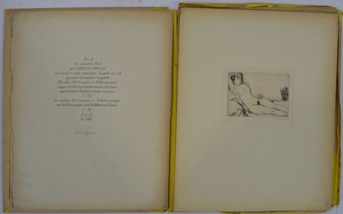 WILHELM WAGNER FRAUEN ZEHN RADIERUNGEN 10 SIGNED: Wilhelm Wagner. Folio 10 loose etchings (each signed in pencil), as issued in lettered board portfolio, worn and soiled; 2 or 3 plates slightly spotted. ONE OF ONLY THIRTY-FIVE NUMBERED COPIES ON BUTT