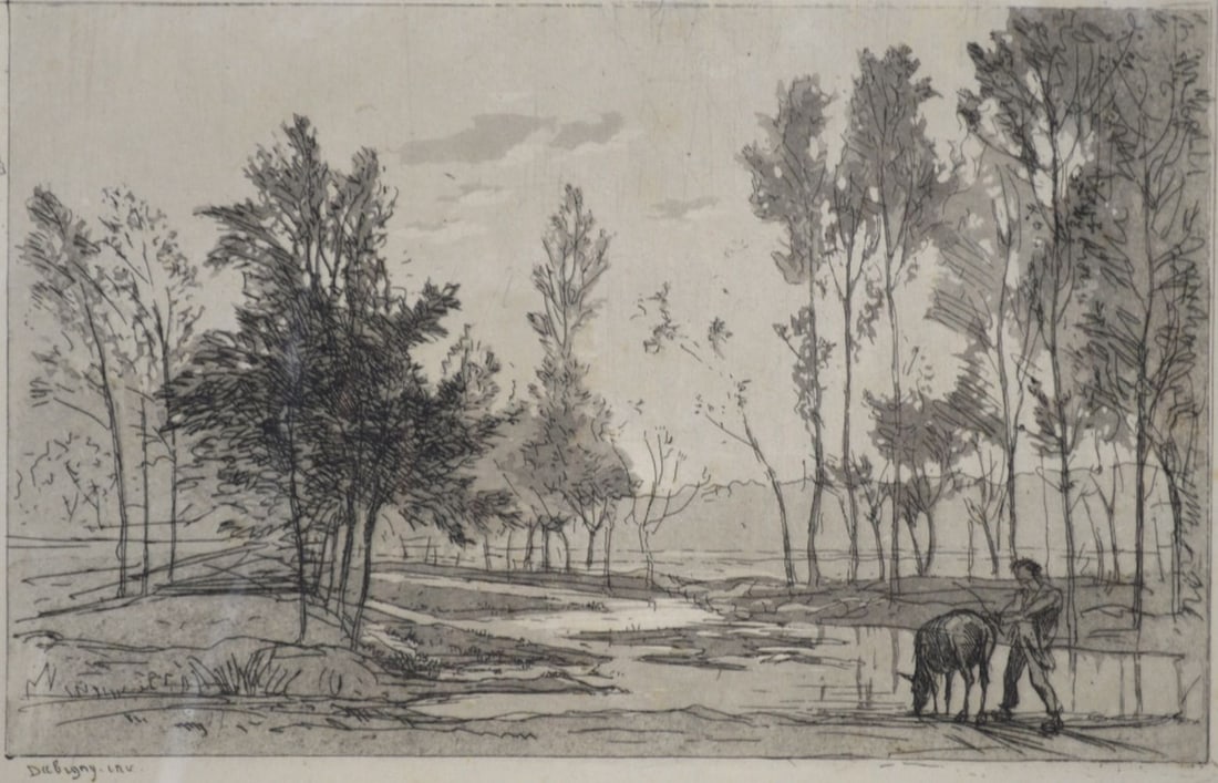EARLY CHARLES-FRANCOIS DAUBIGNY ETCHING: Charles-Francois D'Aubigny (France 1817-1878). An etching titled, "L'Ane a L'abreuvoir". 1848. Signed, in the plate. Collector's stamp. Provenance: From a distinguished private collection of a Westche
