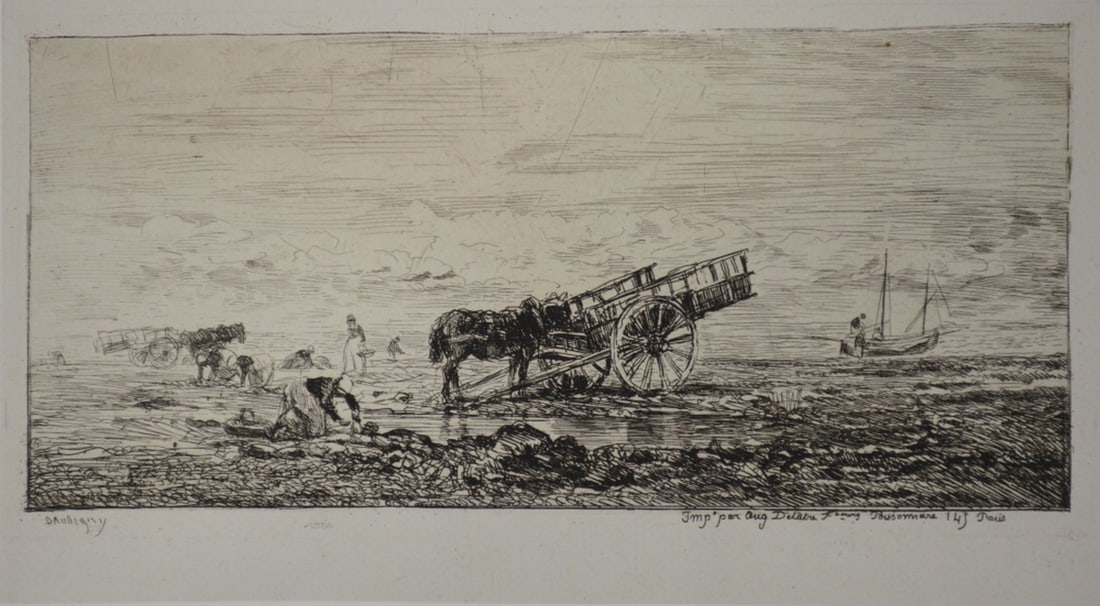 CHARLES-FRANCOIS DAUBIGNY ETCHING LA PLAGE VILLERV: Charles-Francois D'Aubigny (France 1817-1878). An etching titled, "La Plage a Villerville" (The Beach at Villerville). Signed in the plate. Good impression. Provenance: From a distinguished private co