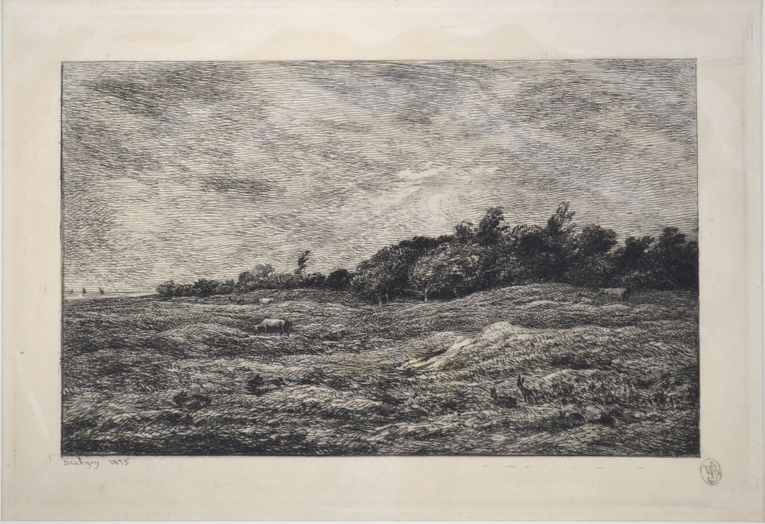 CHARLES-FRANCOIS DAUBIGNY ETCHING 1875: Charles-Francois D'Aubigny (France 1817-1878). An etching titled, " Les Pre des Gravesa Villerville". 1875. See Delteil/Melot 124. Note that this etching was among the last of Daubigny's life
