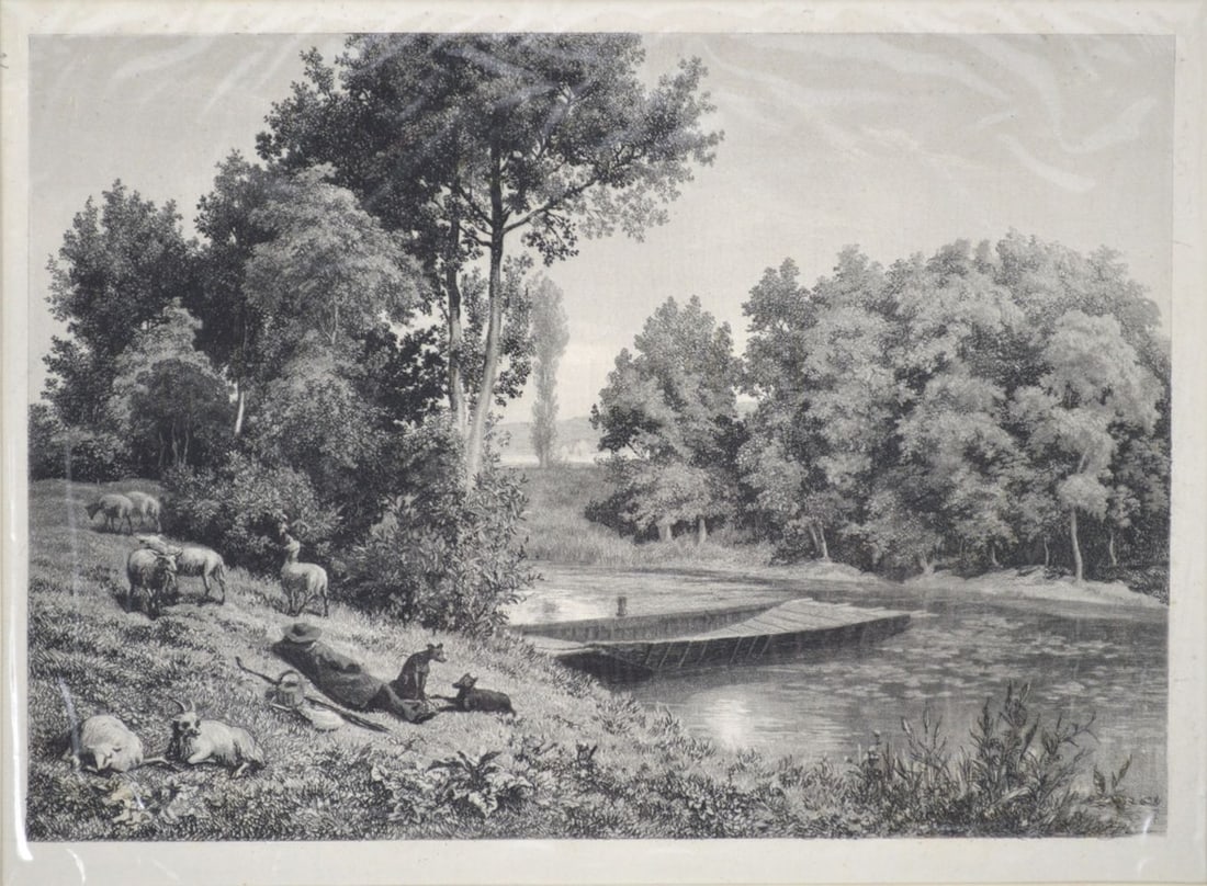 CHARLES-FRANCOIS DAUBIGNY ETCHING BAS-MEUDON: Charles-Francois D'Aubigny (France 1817-1878). An etching titled, "Vue Prise au Bas-Meudon". Notations in margin of matting folder indicate it is a second state of 5. Provenance: From a