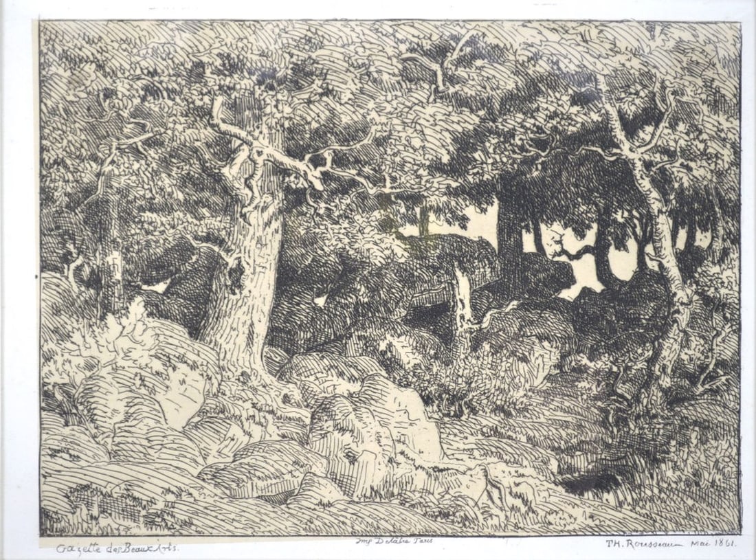 THEODORE ROUSSEAU ETCHING OAKS AMONG BOULDERS: Theodore Rousseau (Fr. 1812-1867). An etching, titled "Chene de Roche" (see Delteil 4) appears to be Third state of 3. Published in Gazette des Beaux-Arts, 1861. Signed and dated in plate. One