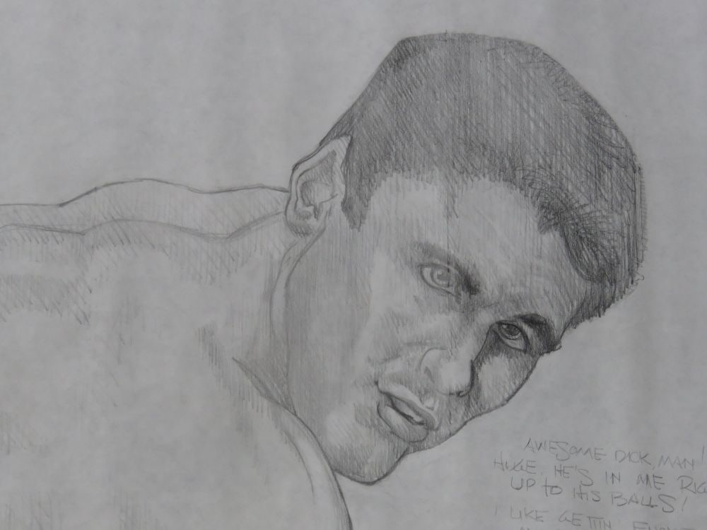 HOMOEROTIC DRAWING OF TWO NUDES: A homoerotic drawing of a two nudes engaged in congress. The work is graphite/paper and is not signed. It is notated - see photos. Measures: 48" x 59"