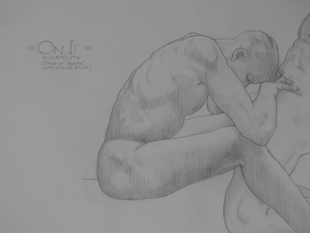 HOMOEROTIC DRAWING OF 2 NUDES: A homoerotic drawing of a two nudes engaged. The work is graphite/paper and is not signed. It is notated - see photos. Measures: 48" x 64