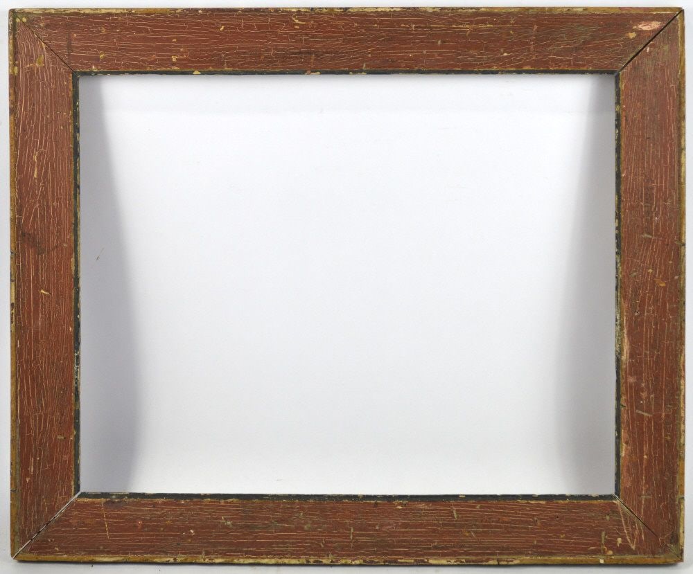 AMERICAN PRIMITIVE AMPHORA CASSETTA FRAME: An American primitive amphora type cassetta frame with a plain painted panel. Brick red painted panel offset by a dark charcoal inner edge and outer border. Measures: 24 1/2' x 20 1/2" Rabbet: 20 1/2"