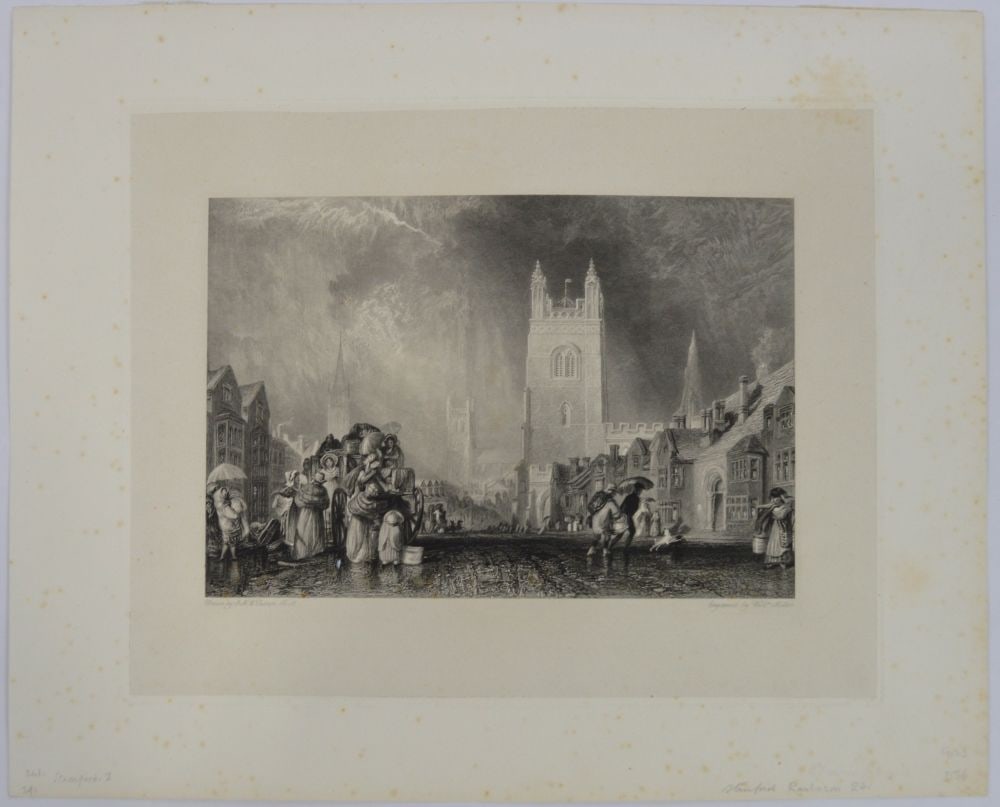 JMW TURNER ENGRAVING STAMFORD LINCOLNSHIRE: Joseph Mallord William Turner (England 1775-1851). An steel engraving titled, "Stamford Lincolnshire" engraved by William Miller. (See Rawlinson 241) Printed on laid paper. Collector blindstamp