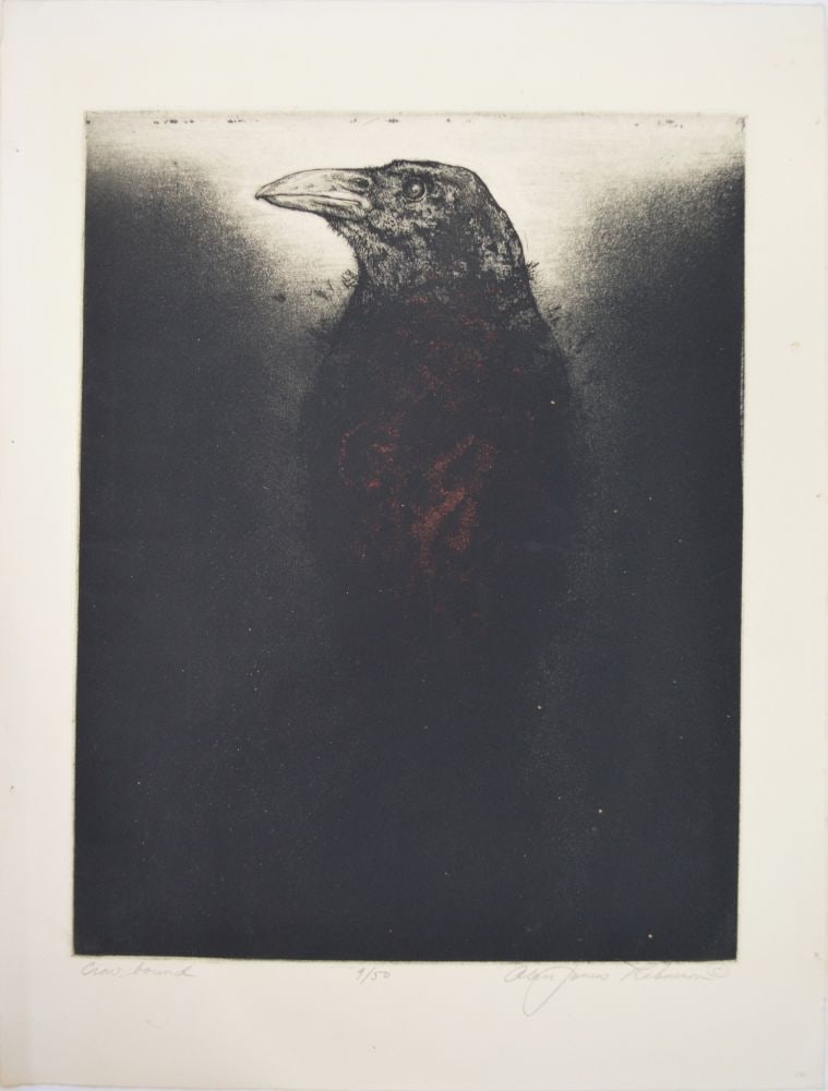 ALAN JAMES ROBINSON SIGNED MODERNIST ETCHING: Alan James Robinson (Amer. B 1950). A modernist etching on heavy laid paper titled, "Crow Bound" with full margins. The work is signed, titled, and #'d (from an edition of 50) in pencil. 
