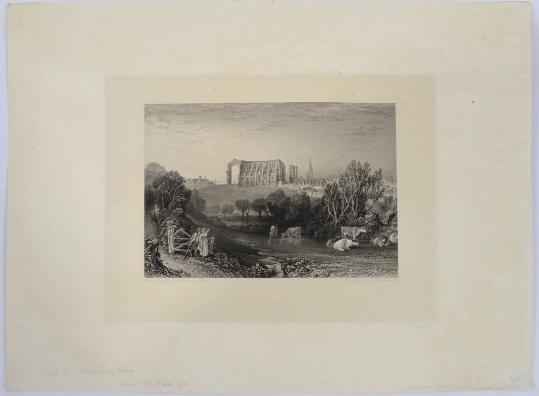 JMW TURNER ETCHING MALMSBURY WILTSHIRE: Joseph Mallord William Turner (England 1775-1851). A etching from the Picturesque Views in England and Wales titled, "Malmsbury, Wiltshire" (1828). Printed on laid paper. Engraved by John