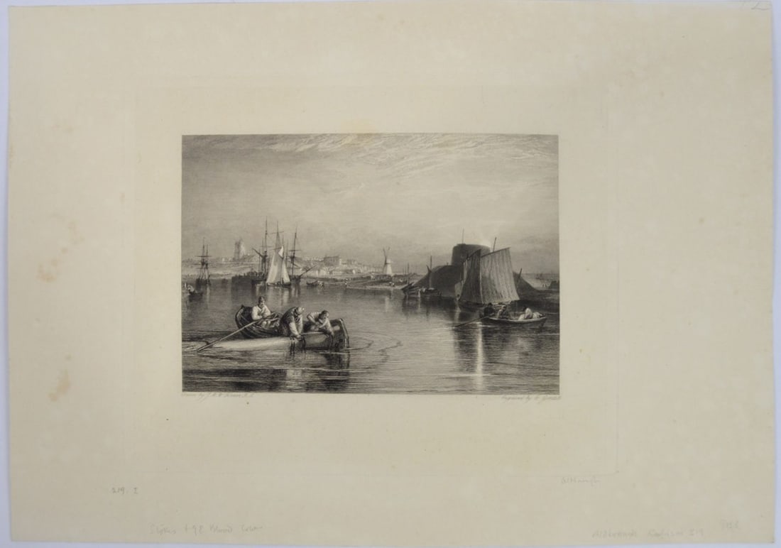 JMW TURNER ETCHING ALDBOROUGH SUFFOLK: Joseph Mallord William Turner (England 1775-1851). A etching from the Picturesque Views in England and Wales titled, "Aldborough, Suffolk" (1827). See Rawlinson 219. Printed on laid paper.