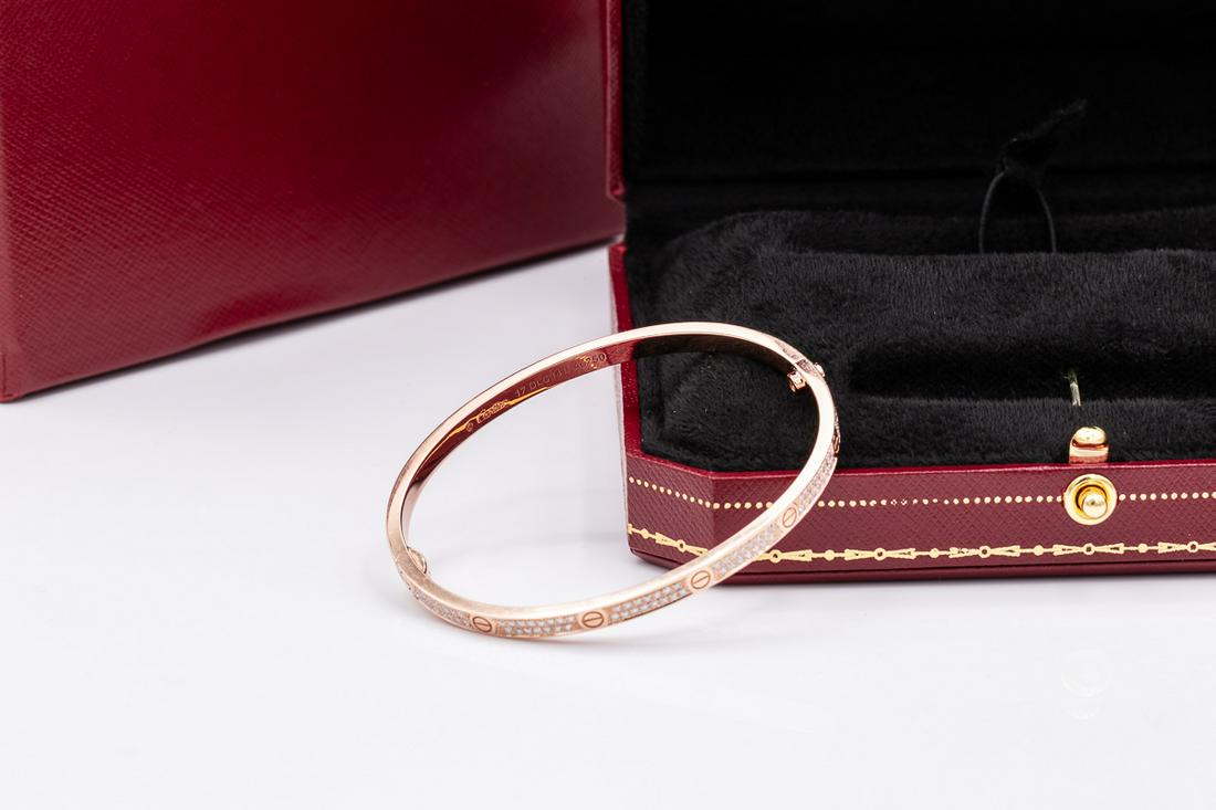 Cartier 18k PAVÉ DIAMOND LOVE BRACELET THIN MODEL: Cartier 18k Rose Gold LOVE BRACELET SMALL MODEL PAVÉ DIAMOND Love bracelet, small model, 18K white gold, set with 177 brilliant-cut diamonds totaling 0.95 carats. Sold with a screwdriver and Box. Siz
