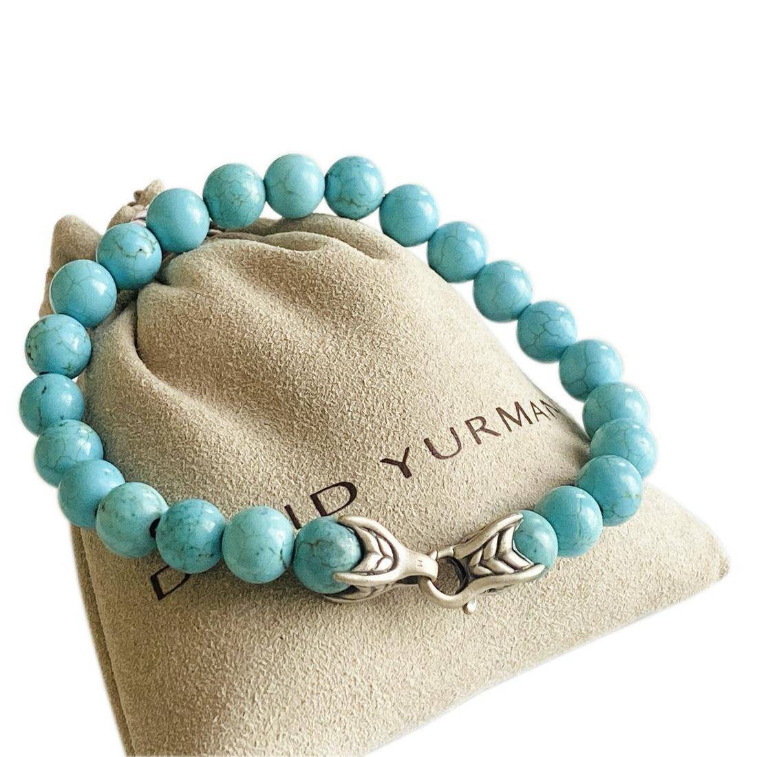 DAVID YURMAN SPIRITUAL BEADS BRACELET TURQUOISE 8MM: DAVID YURMAN SPIRITUAL BEADS BRACELET WITH TURQUOISE , 8mm-BRAND: DAVID YURMAN-COLLECTION: SPIRITUAL BEADS -STONES: TURQUOISE-METAL : STERLING SILVER 925-WIDTH : 8mm BEADS-SIZE: 8.5"-CONDITION: EXCELL