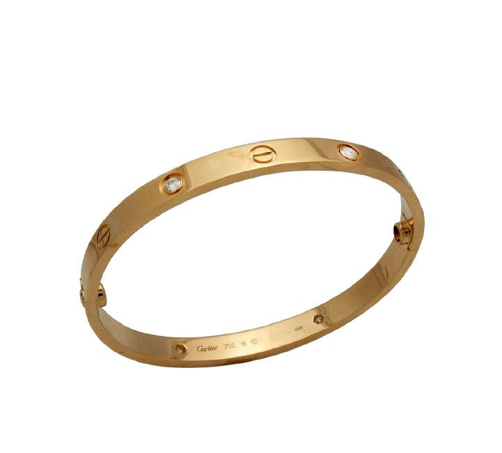 Cartier 18k Pink Gold 0.42tcw Diamond Love Bracelet: Cartier 18k Pink Gold 0.42tcw Diamonds Love Bracelet Brand: Cartier Metal: 18K Pink Gold Diamonds: 4 Stones, 0.42tcw Width: 6mm Size: 6.75 Weight: 32.2 grams Comes with original Cartier pouch