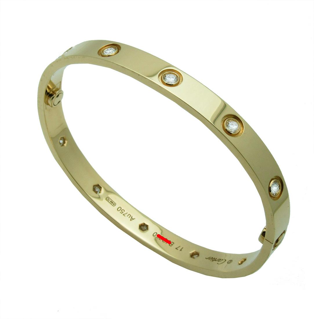 Cartier Yellow Gold 10 Diamond Love Bracelet Size 17: Cartier LOVE Yellow Gold 10 Diamonds Bracelet Size 17 Metal: 18k Yellow Gold Diamond: 0.96tcw brilliant cut diamondsSize: 17 Excellent condition. Comes with Cartier Box