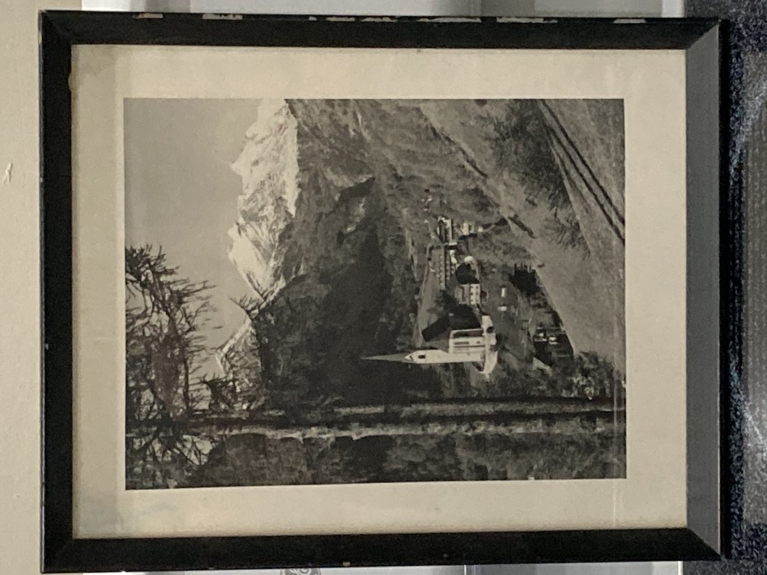 Antique Photograph Mountain Scenery: 1950'S Era original Photograph framed in Black Mate Mountain Range with Swiss Chalet style buildings, and Cathedral measures 8.5" x 11.5"