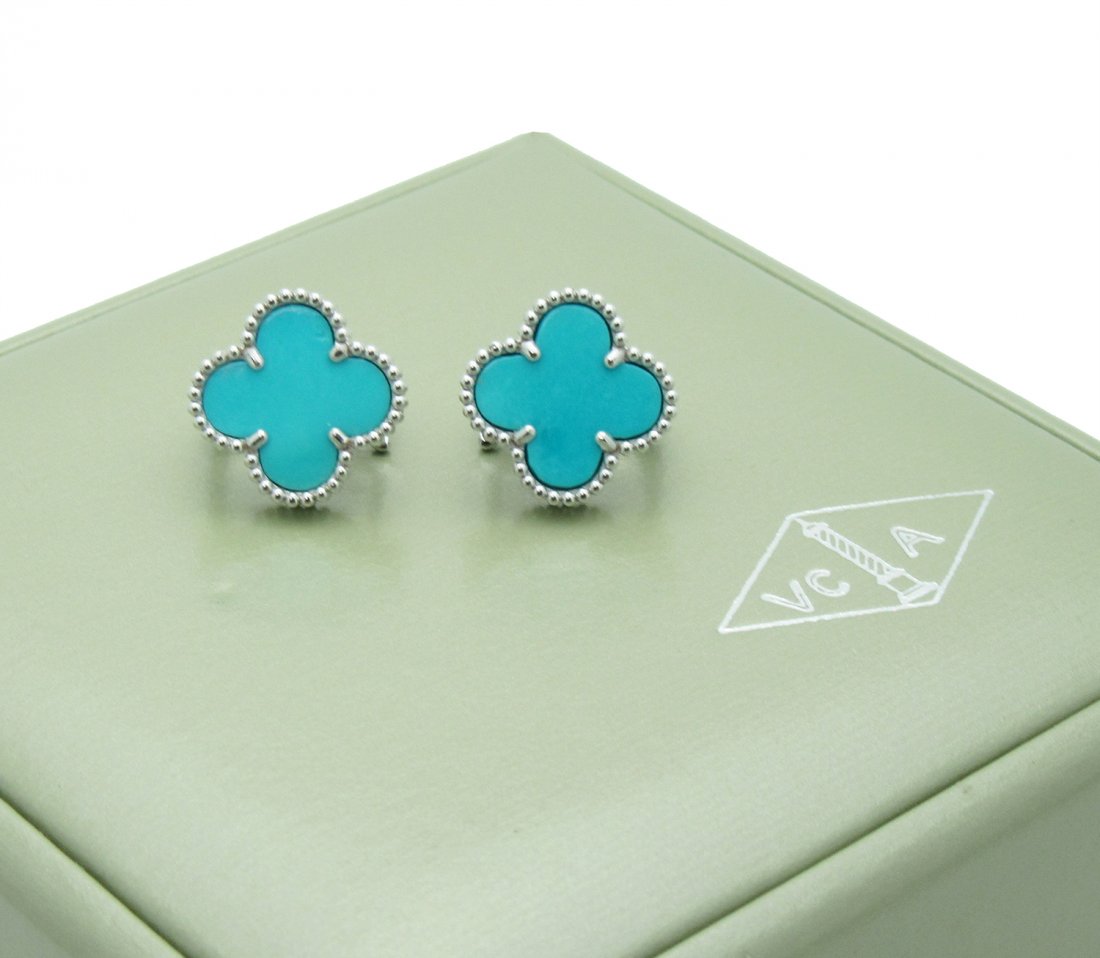 Van Cleef & Arpels Alhambra Turquoise Earrings: Van Cleef & Arpels Alhambra Turquoise Earrings Metal: 18k White Gold Gemstone: Turquoise Measurements: 15mm. x 15mm.