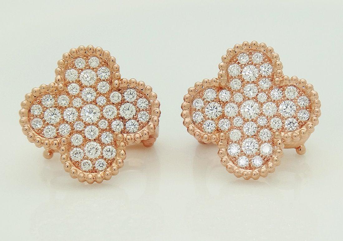 Van Cleef Arpels 18k Magic Alhambra Diamond Earrings: Van Cleef & Arpels 18k Rose Gold Magic Alhambra Diamond Earrings surrounding apx. 74 Brilliant round cut diamonds totaling 2.13 TCW amazing IF TO VVS Clarity DEF Color. Weight: 18.1 grams Measurements