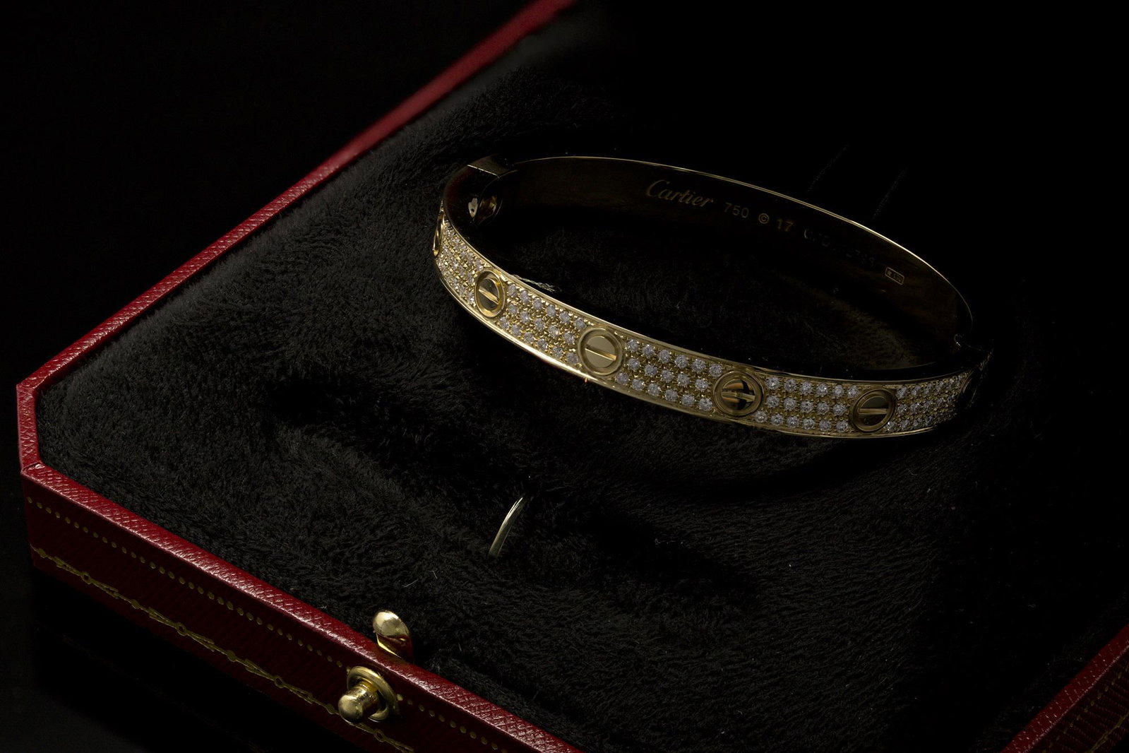 Cartier LOVE BRACELET DIAMOND-PAVED YELLOW GOLD Size 17: Cartier LOVE BRACELET, DIAMOND-PAVED YELLOW GOLD, DIAMONDS TCW: 2.25ct Size 17 Retail: 42,100$