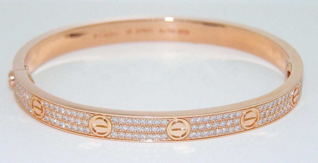 Cartier 18k Rose Gold Diamond Paved Love Bracelet: Cartier 18k Rose Gold Diamond Paved Love BraceletCartier 18k Rose Gold Diamond Paved Love Bracelet, set with 204 brilliant cut diamonds totaling over 2 TCW, weighing 40.5 grams, measuring 6.75mm Wide 