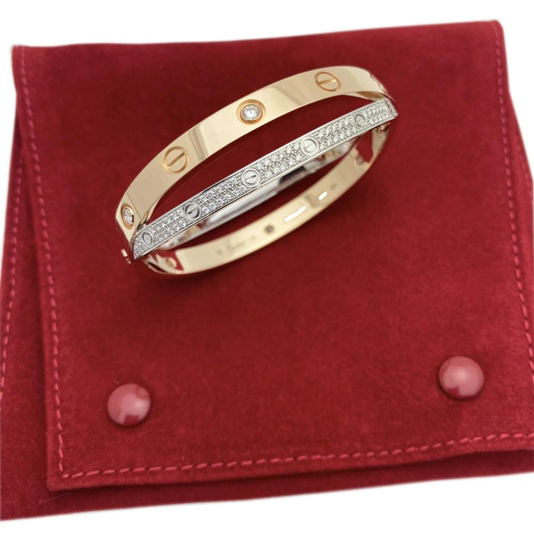 CARTIER 18K ROSE WHITE GOLD PAVE DIAMOND LOVE BRACELET: Cartier 18kt Rose and White gold pave diamond love bracelet -Diamodns appx 1.15 ct VVS-E-RETAIL $ 40000-SIZE 16