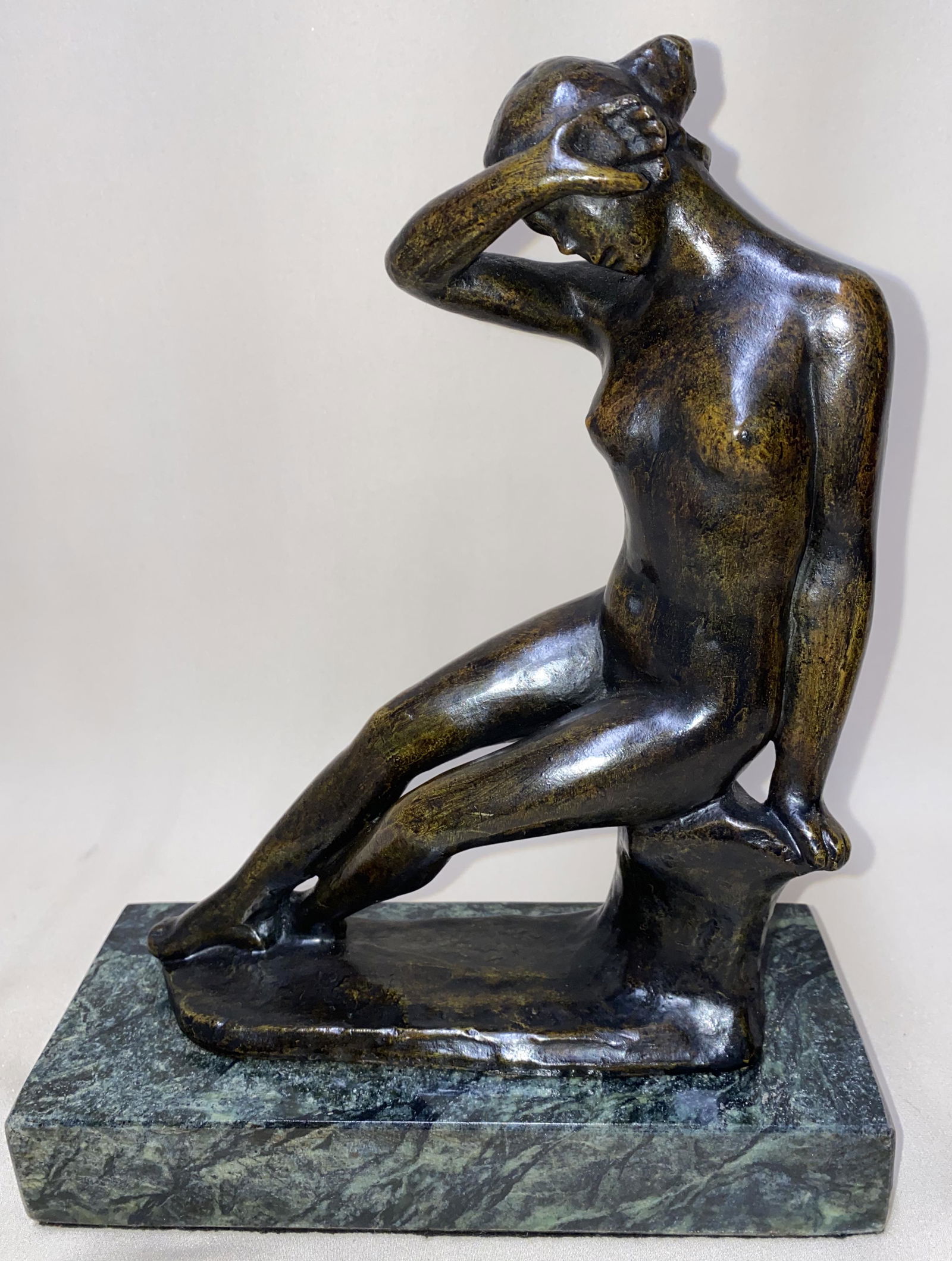 FRENCH BRONZE SCULPTURE ARISTIDE MAILLOL NUDE SITTING: FRENCH BRONZE SCULPTURE ARISTIDE MAILLOL. NUDE SITTING- ARISTIDE MAILLOL ( 1861--1944) FRENCH BRONZE SCULPTURE-SIGNED-SIZE -8 1/4 x 6 1/2”-Base 1 1/4 x 7 1/2 x 3” after