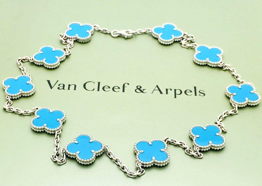 Van Cleef & Arpels Vintage Alhambra 10 Motif Turquoise: Van Cleef & Arpels Vintage Alhambra Turquoise 10 Motif Necklace in white Gold Weight 21.3 grams Length 16.5”