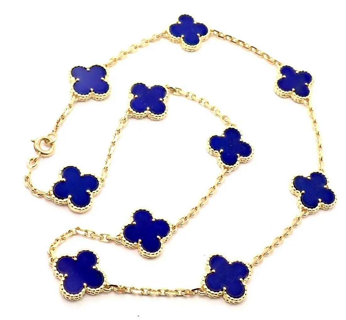 Van Cleef & Arpels 18k Gold 10 Motif Alhambra Lapis: Van Cleef & Arpels 18k Gold 10 Motif Alhambra Lapis Metal:18k yellow gold Length: Width: 16.5" 15mm Weight: 24 gramsStones: 10 motifs of Lapis Lazuli Alhambra shape stones 15mm eachHallmarks: VCA 750