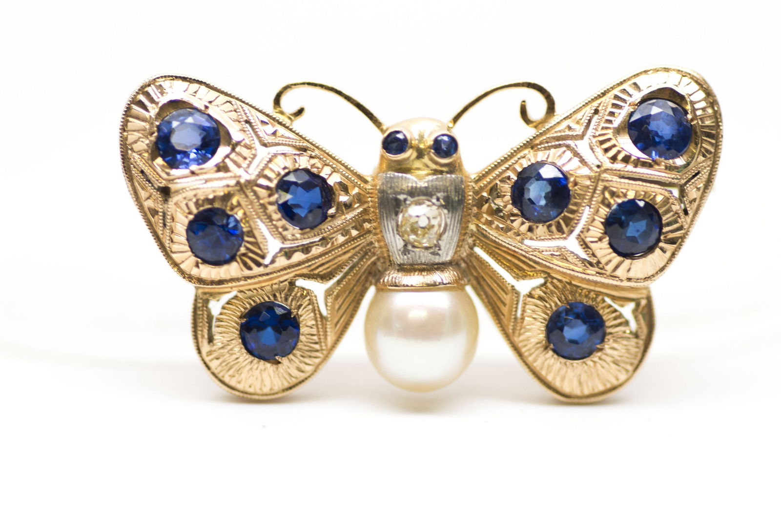 18 KT Gold, blue stones, diamond & Pearl Brooch (1 of 2)