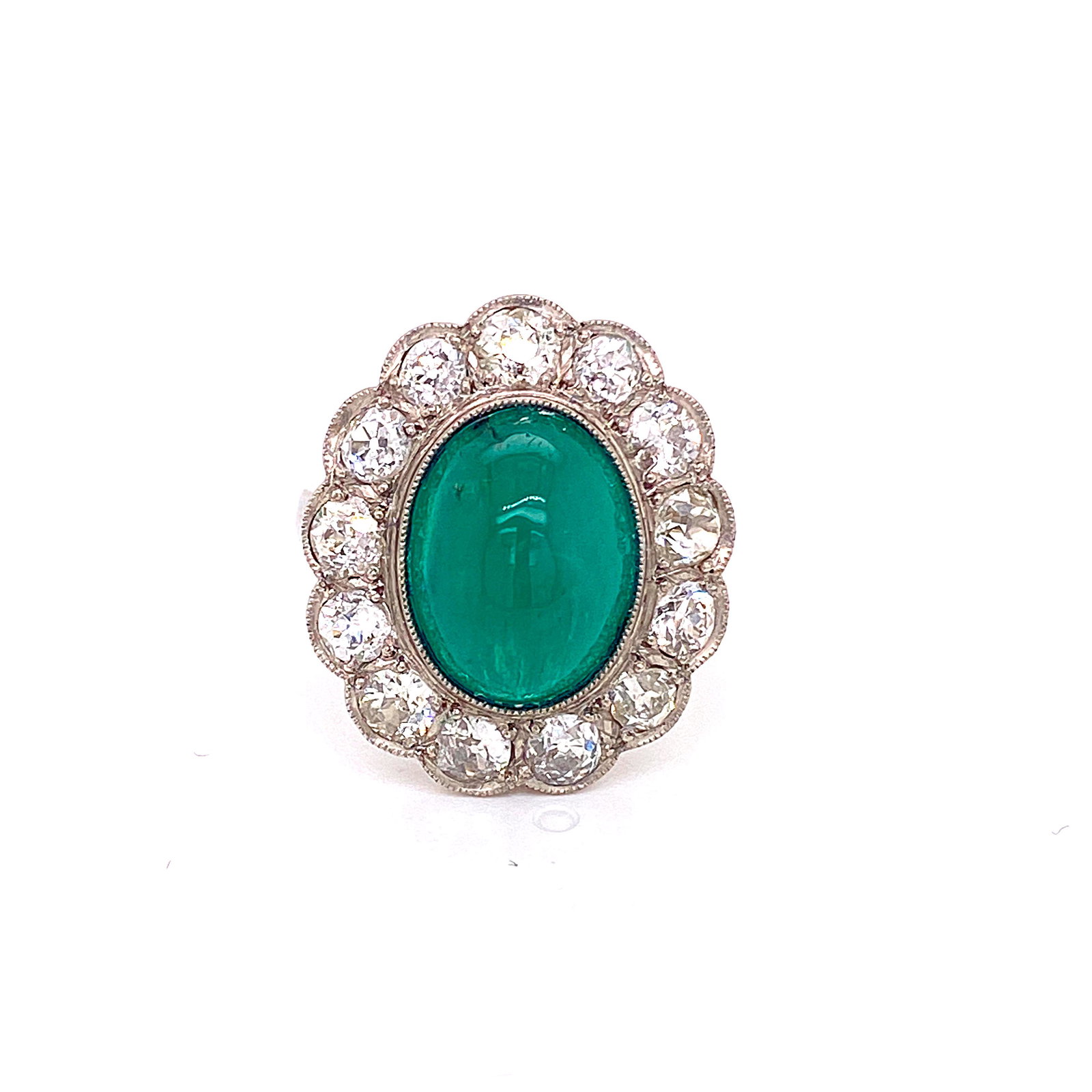 Platinum, Diamonds and cabochon Emerald Rosetta Ring. (1 of 4)