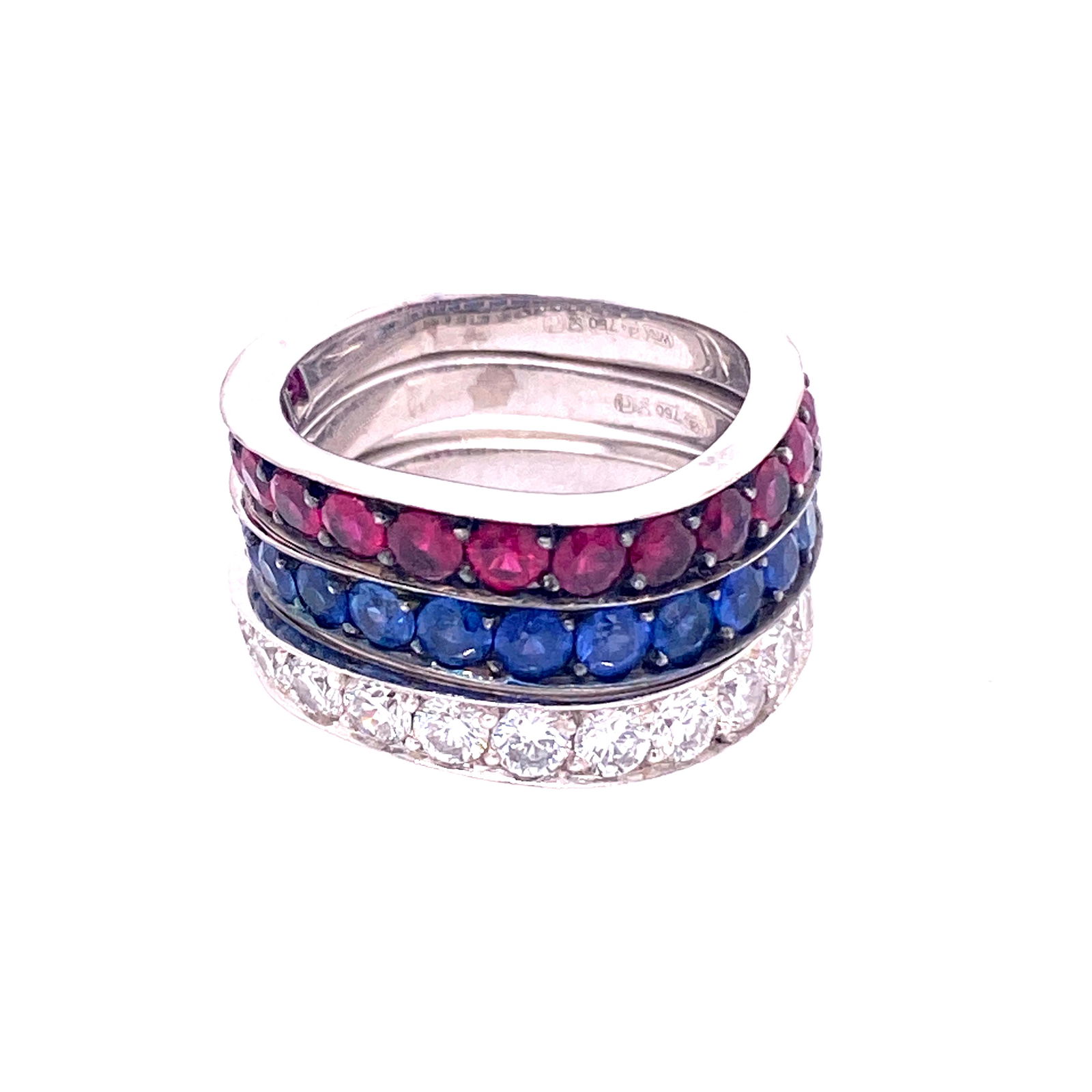 18k Gold Multicolor Stackable Rings: 18k White Gold Weight 10.9gr Multicolor Rubies Approx 1.2ct Sapphire Approx 1ct Diamonds Approx 1ct Vs1 H Maker Marks French Hallmark English Hallmark Stackable Rings Size 4.5