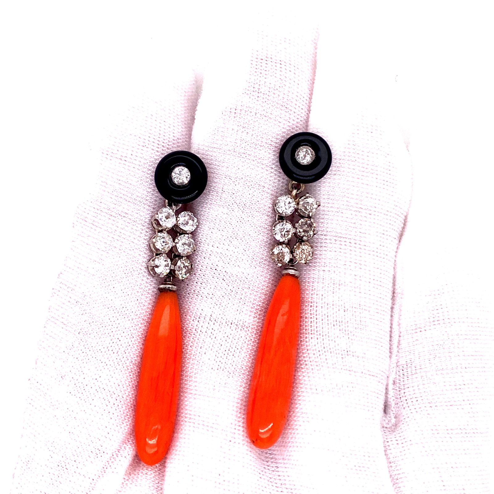 Art Deco Platinum Onyx Coral Diamond Earrings  (1 of 2)