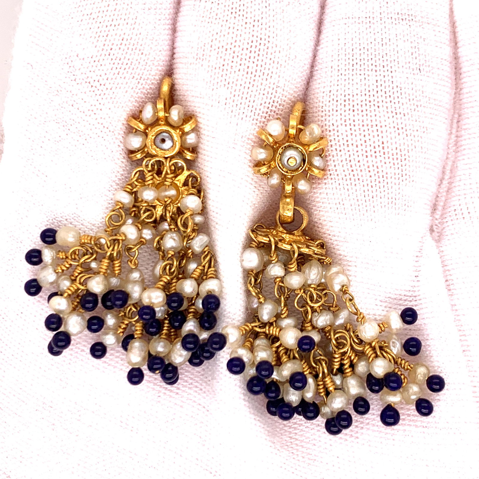 Victorian Indian 22k Pearl Sapphire Earring: Victorian Indian 22k Yellow Gold Weight 11.7gr Measurements 1.7”x0.3” Pearl Sapphire Hook Earring