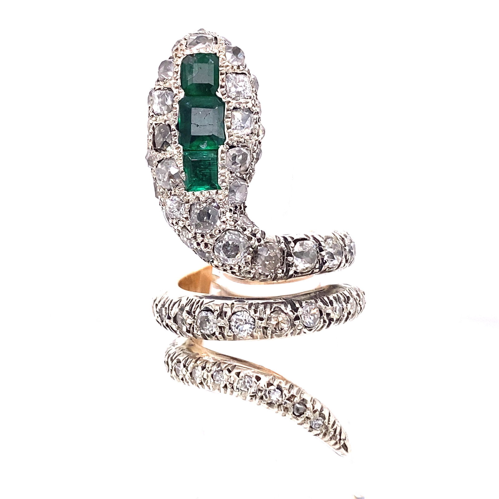 Georgian Silver & Gold Dimonnd Emerald Snake Ring (1 of 3)